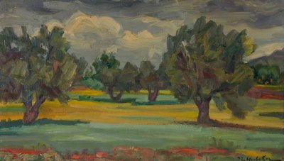 Attica, Approach to Katehida with Olive Trees, Very Old — Oil painting, Fiberboard, 47.50×64.50cm — Theodoros Markellos